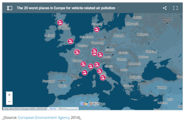Map showing 20 worst air pollution locations in Europe, 2014.